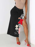 Graffiti Patchwork High Slit Denim Midi Skirt