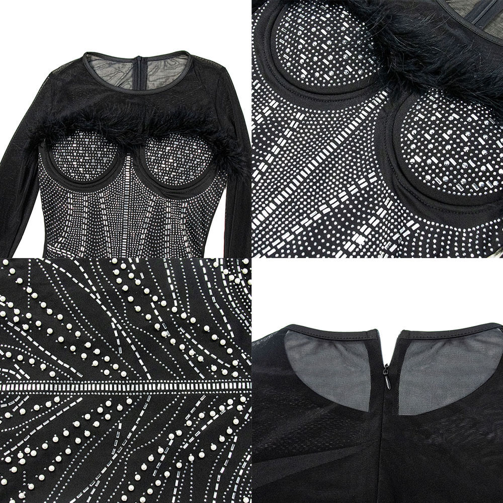Minikleid aus Strass-Mesh-Patchwork und Federn