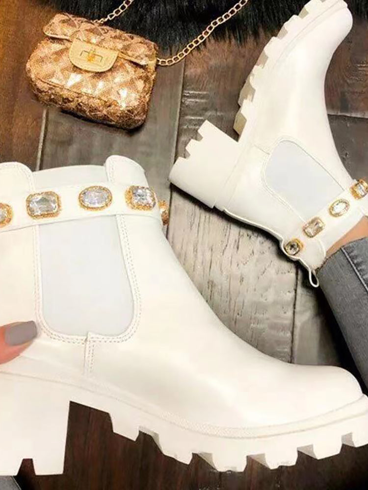 Rhinestone Buckle Platform Chelsea Ankle Boots