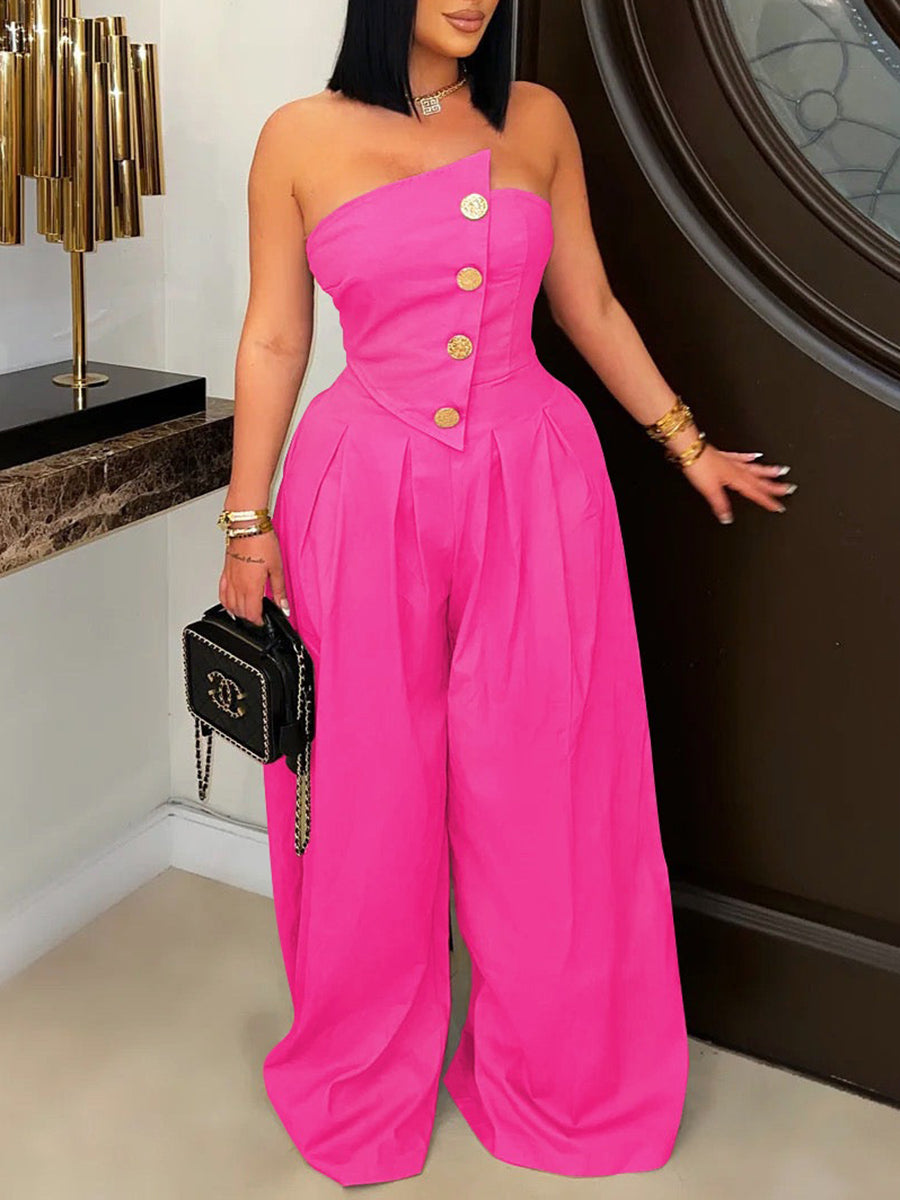 Strapless Button Wide-Leg Jumpsuit