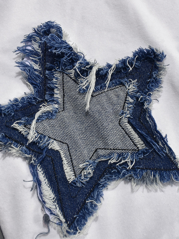 Patchwork Star Cropped Round Neck T-Shirt