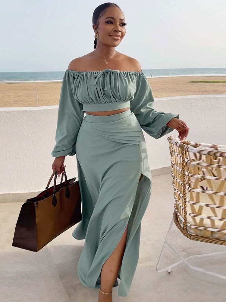 Lantern Sleeve Plus Size Two-Piece Set