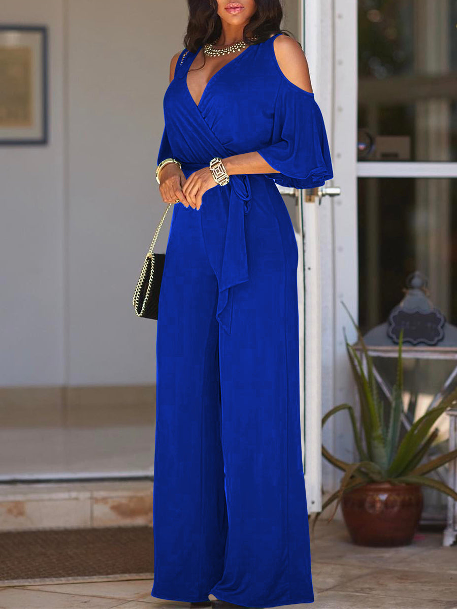 Off-Shoulder Solid Color Wide-Leg Jumpsuit with Belt