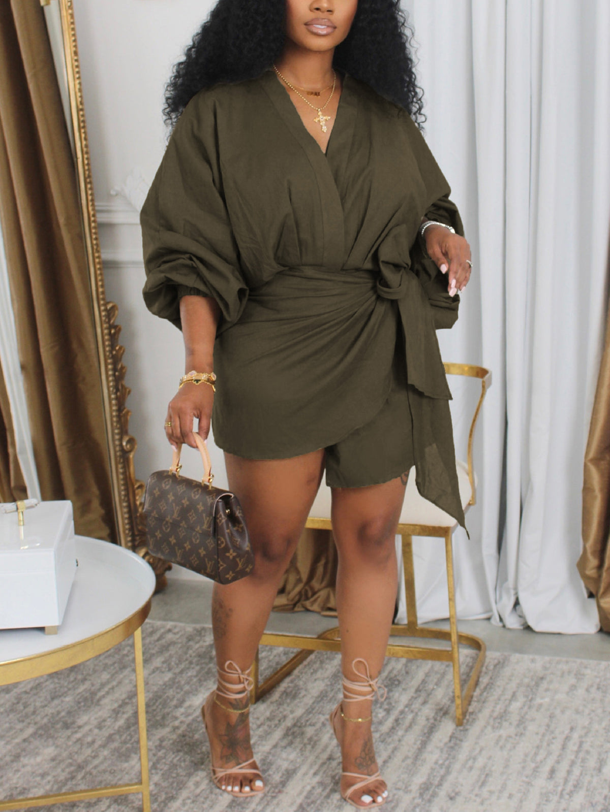 Belted Lantern Sleeve Mini Dress