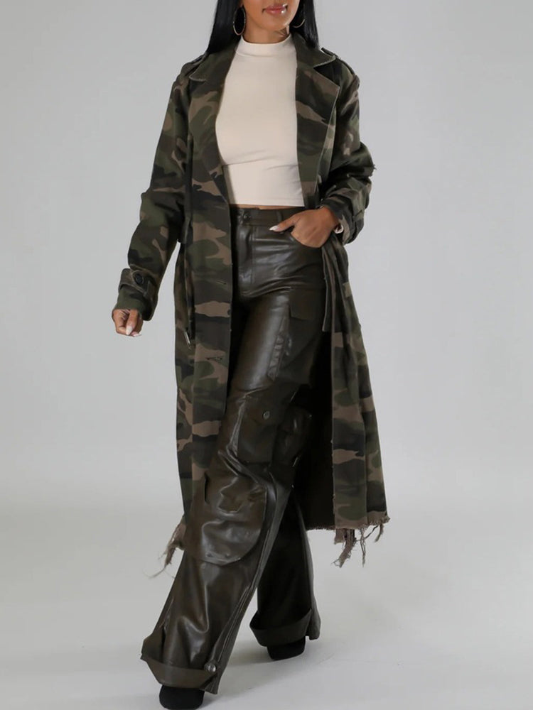 Distressed Camouflage Trench Coat