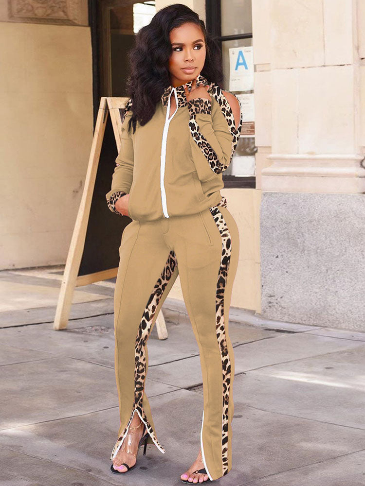 Two Piece Leopard Print Patchwork Pant Suit