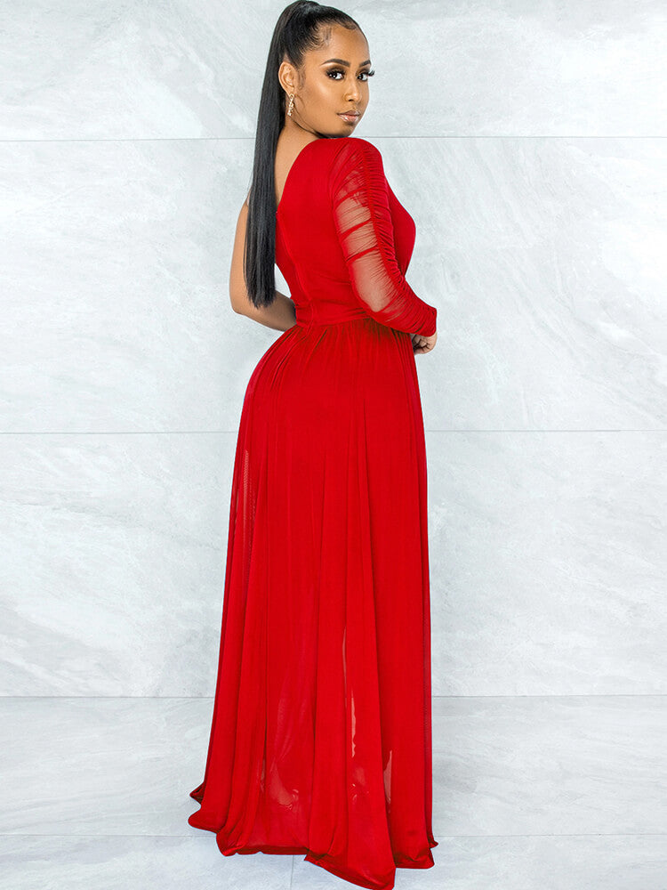 Mesh Patchwork One Shoulder Long Sleeve Jumpsuit