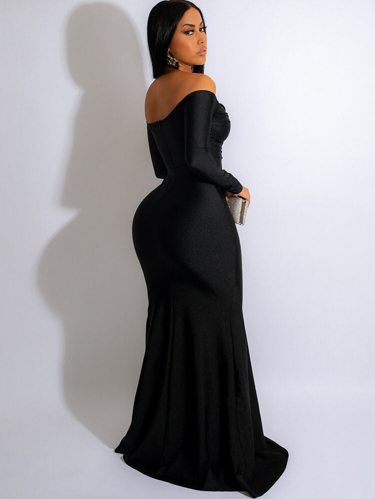 Long Sleeve Off Shoulder Ruched Maxi Dress