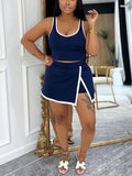 Two-Piece Contrast Trim Crop Top Skirt Shorts Set