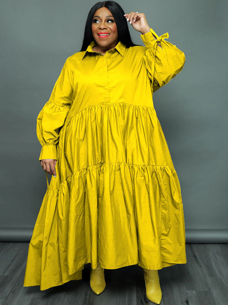 Plus Size Long Sleeves Ruffle Hem Maxi Dress