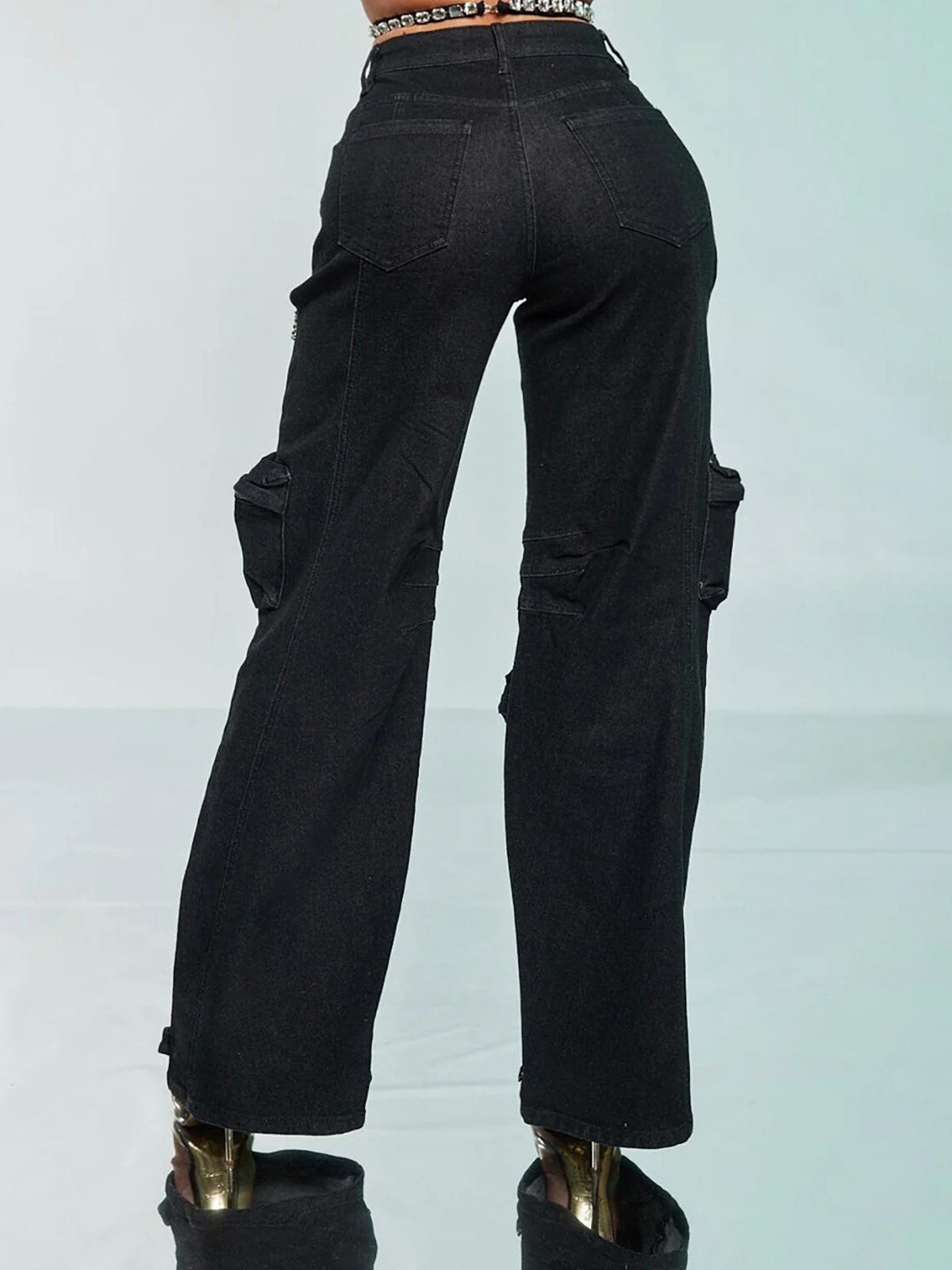 Hollow Rhinestone Multiple Pockets Denim Jeans