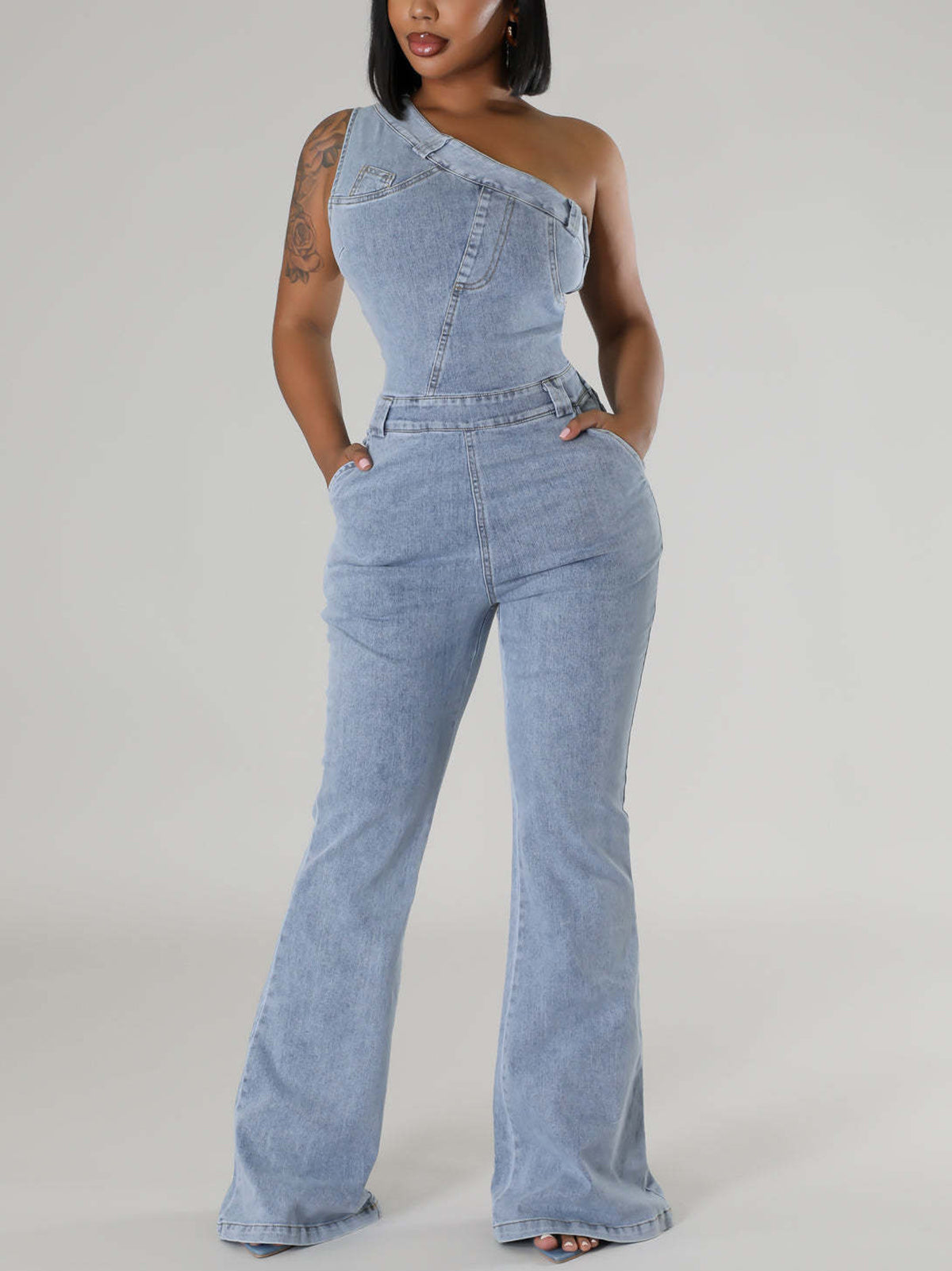 Asymmetrical Shoulder Denim Jumpsuit
