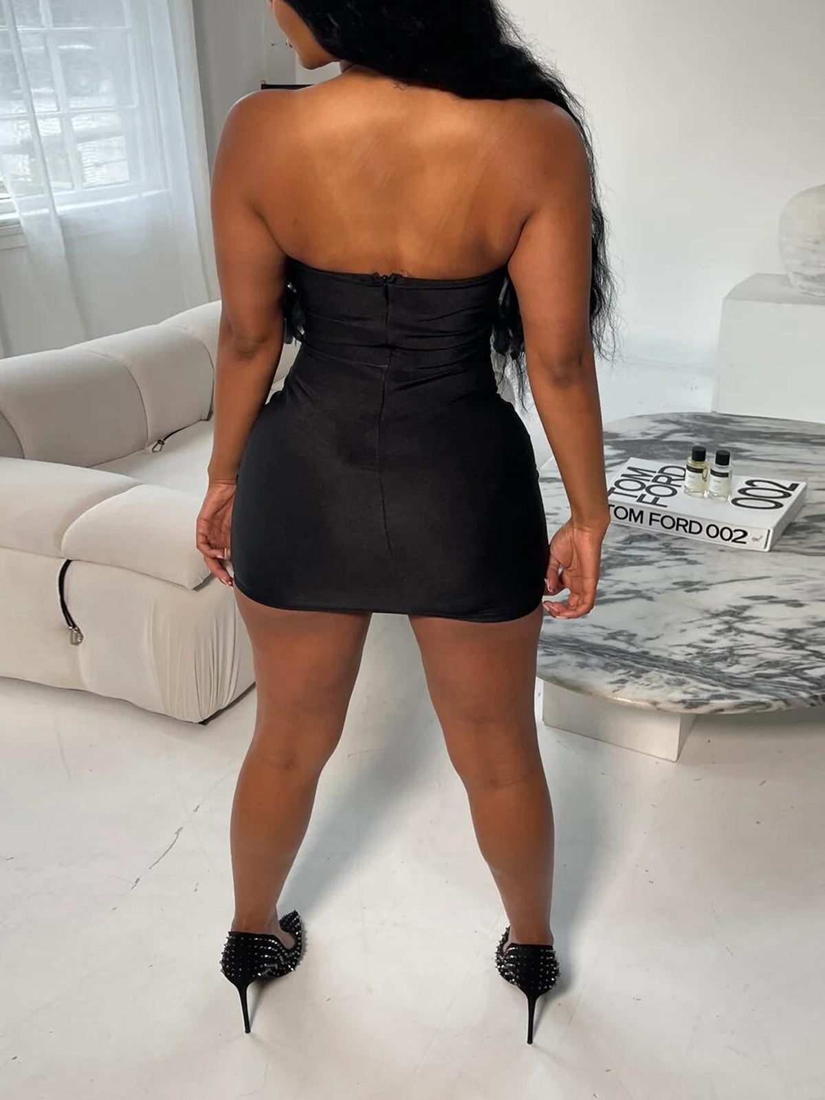 Feather Rhinestone Strapless Mini Dress