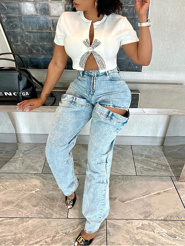 Rhinestone Split Hem Crop Top