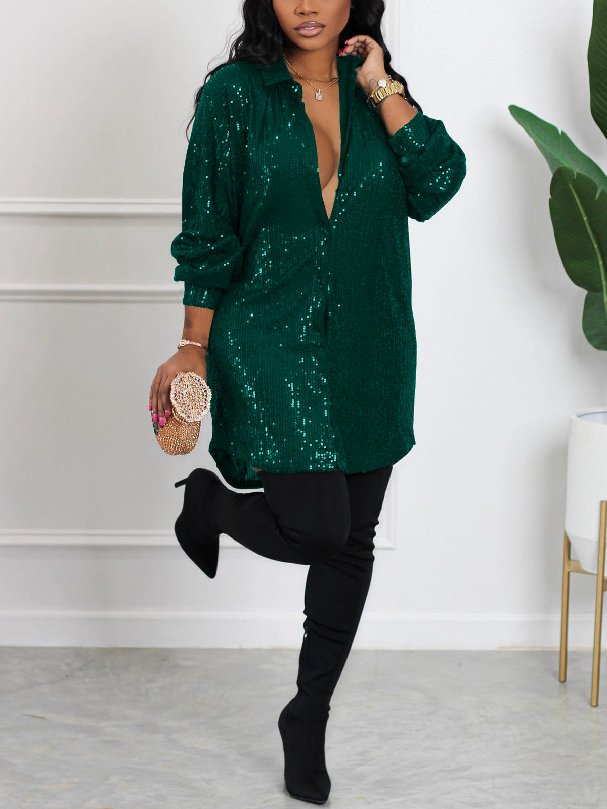 Sequins Long Sleeve Shirts Mini Dress