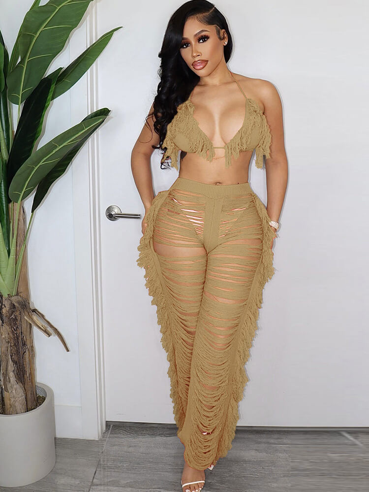 Two Piece Halter Tassel Top Bodycon Pants