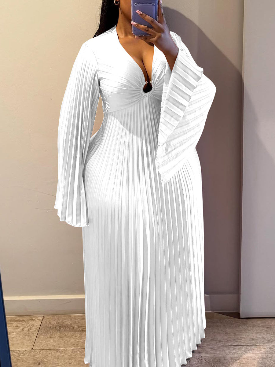 Chiffon V-Neck Pleated Maxi Dress