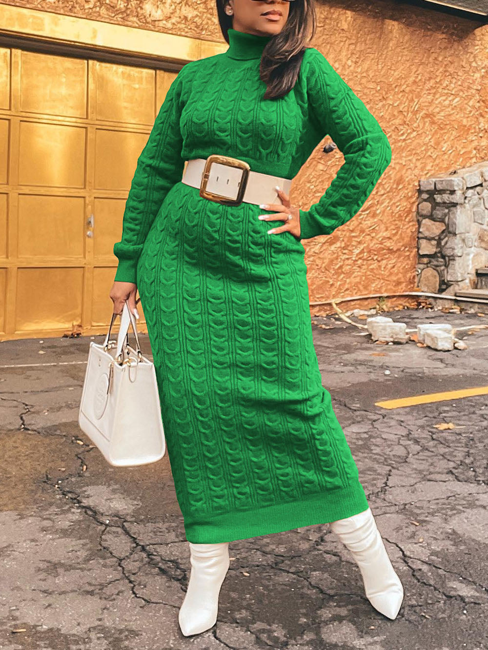 Solid Color Turtleneck Knit Dress