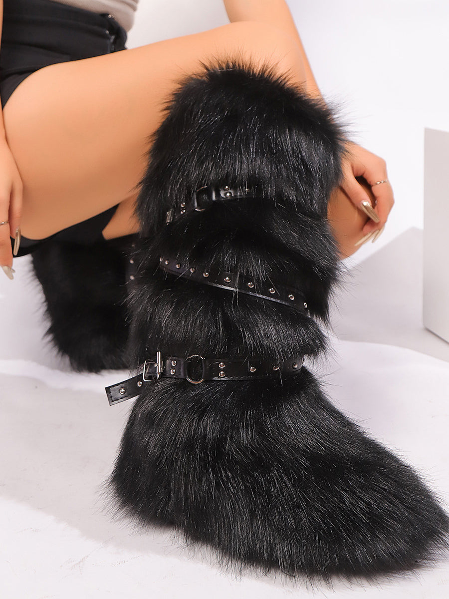 Y2K Faux Fur Cross Strap Buckle Boots