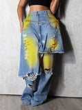 Distressed Gradient Patchwork Wide Leg Jeans
