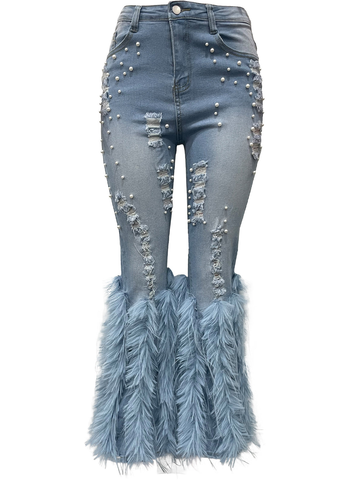 Feather Beaded Distressed Flare Jeans