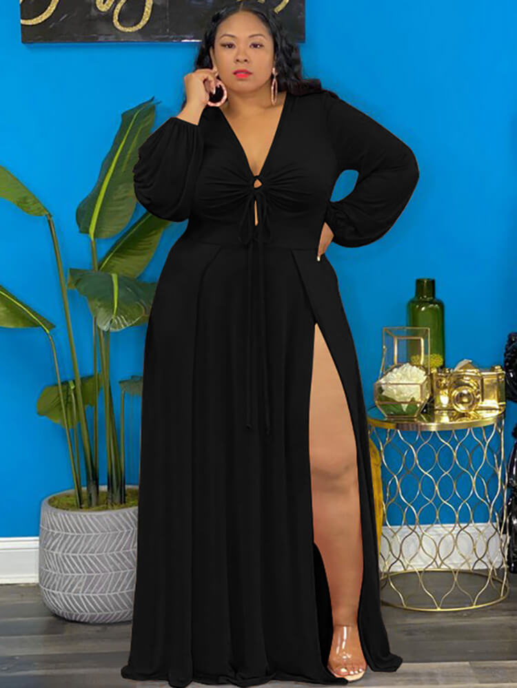 Long Sleeve Lace Up Split Maxi Dress