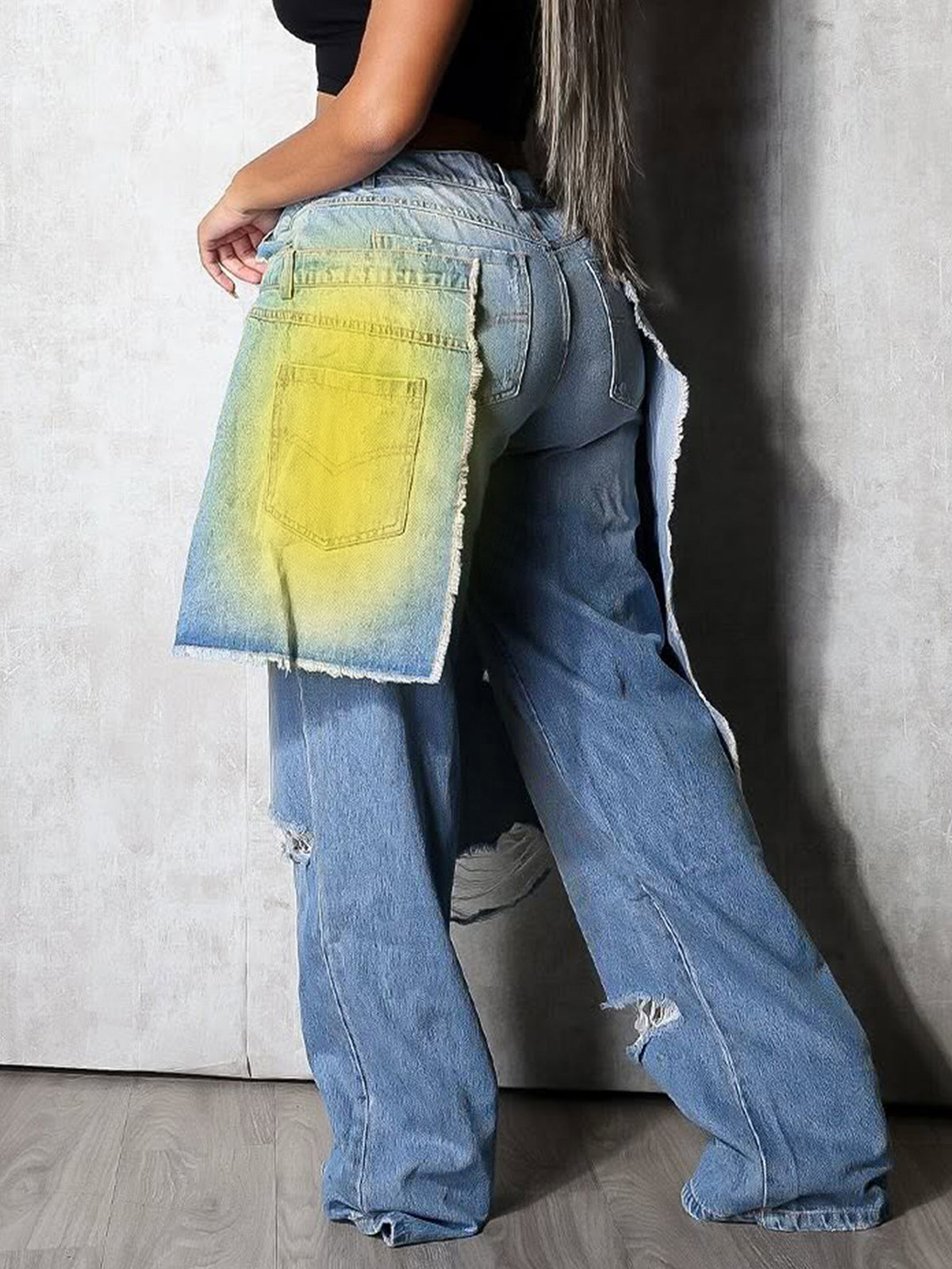 Distressed Gradient Patchwork Wide Leg Jeans