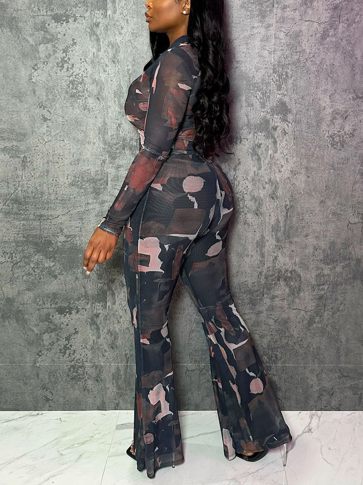 Two Piece Mesh Print Shirt Pants Set