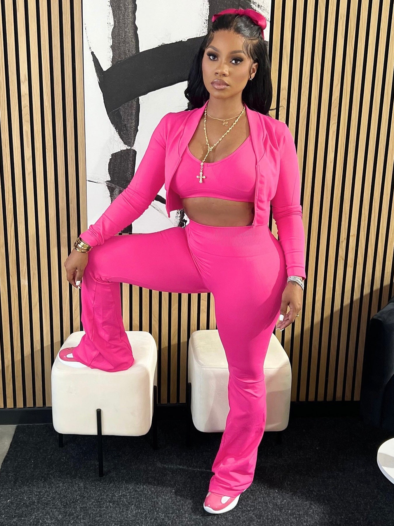 Three Piece Tank Top Short Jacket Pants Set