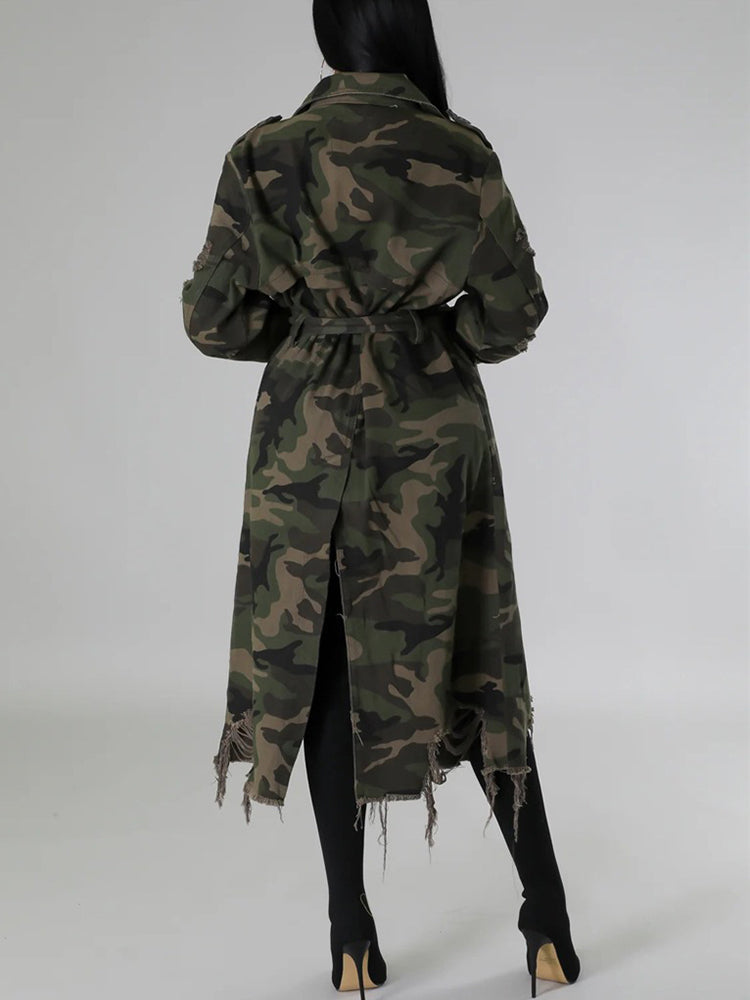 Distressed Camouflage Trench Coat