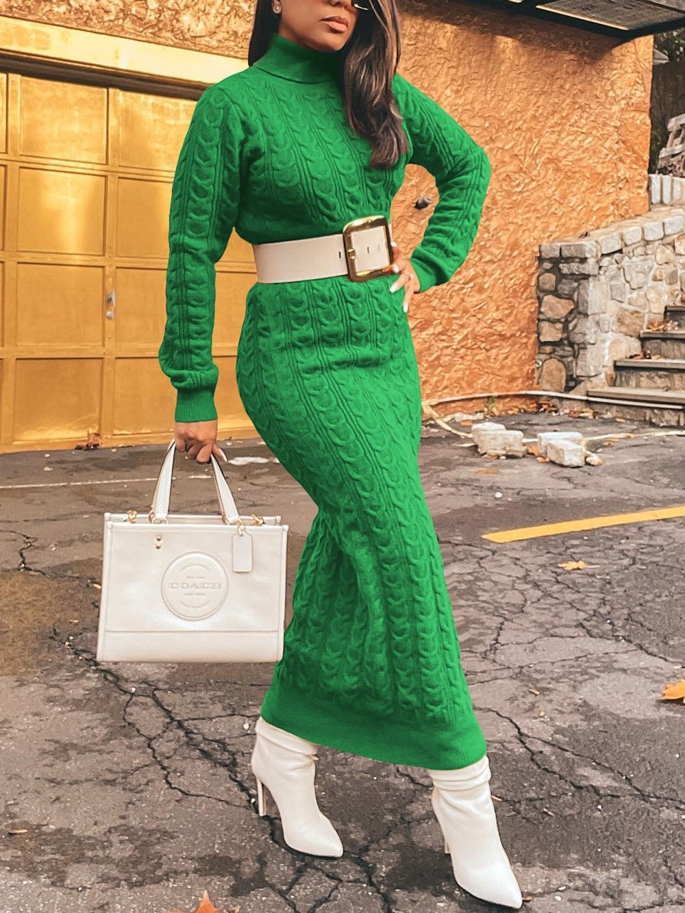 Solid Color Turtleneck Knit Dress