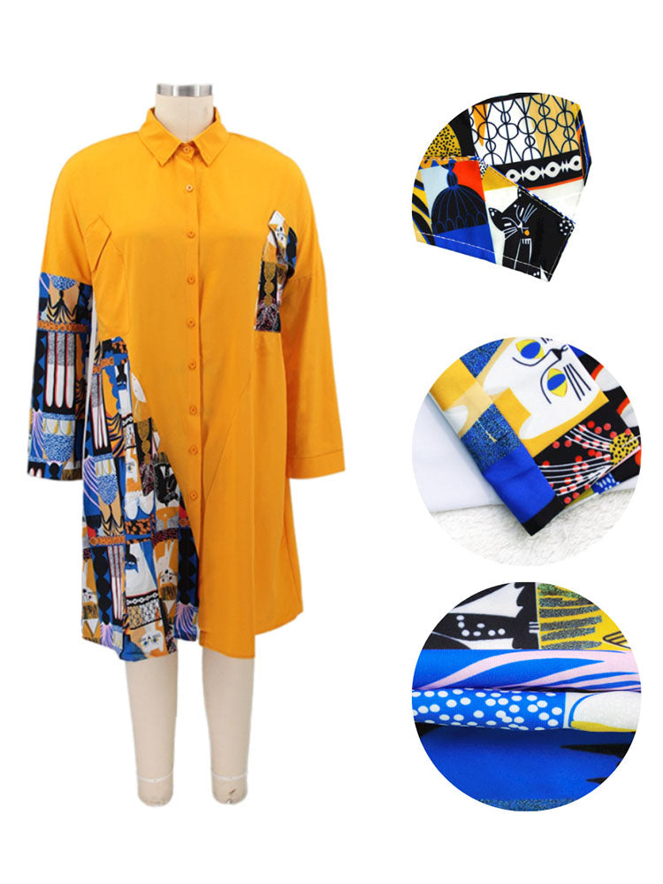 Plus Size Long Sleeve Loose  Shirts Midi Dress