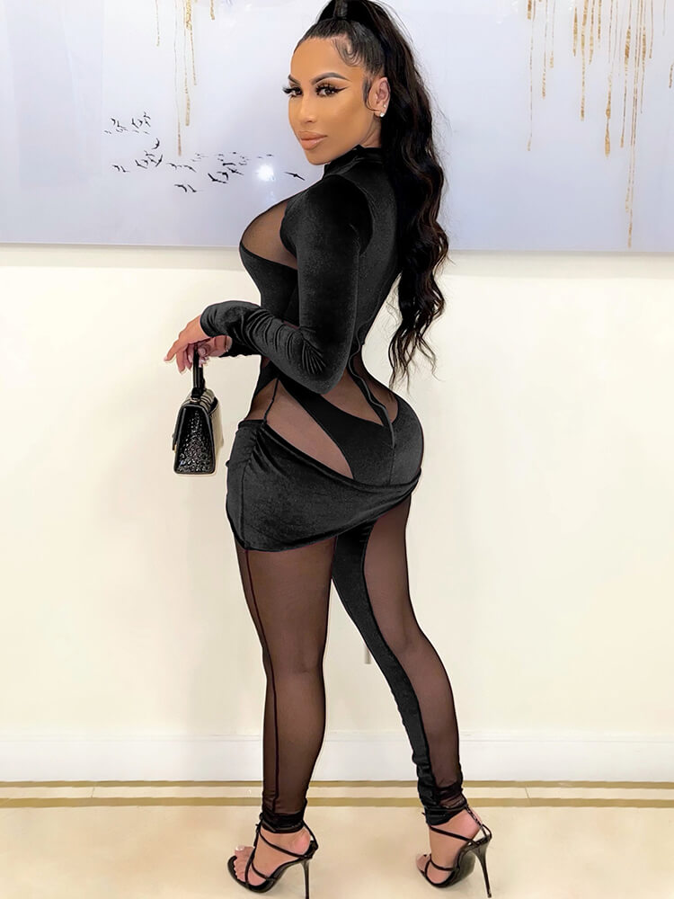 Long Sleeve Mesh Patchwork Jumpsuit