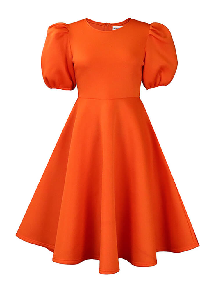 Puff Sleeve Solid Ruched Bodycon Midi Dress