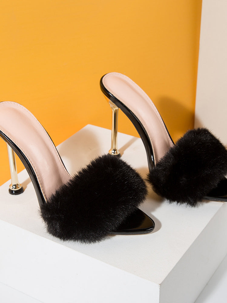 Faux Rabbit Fur Stiletto High Heel Sandals