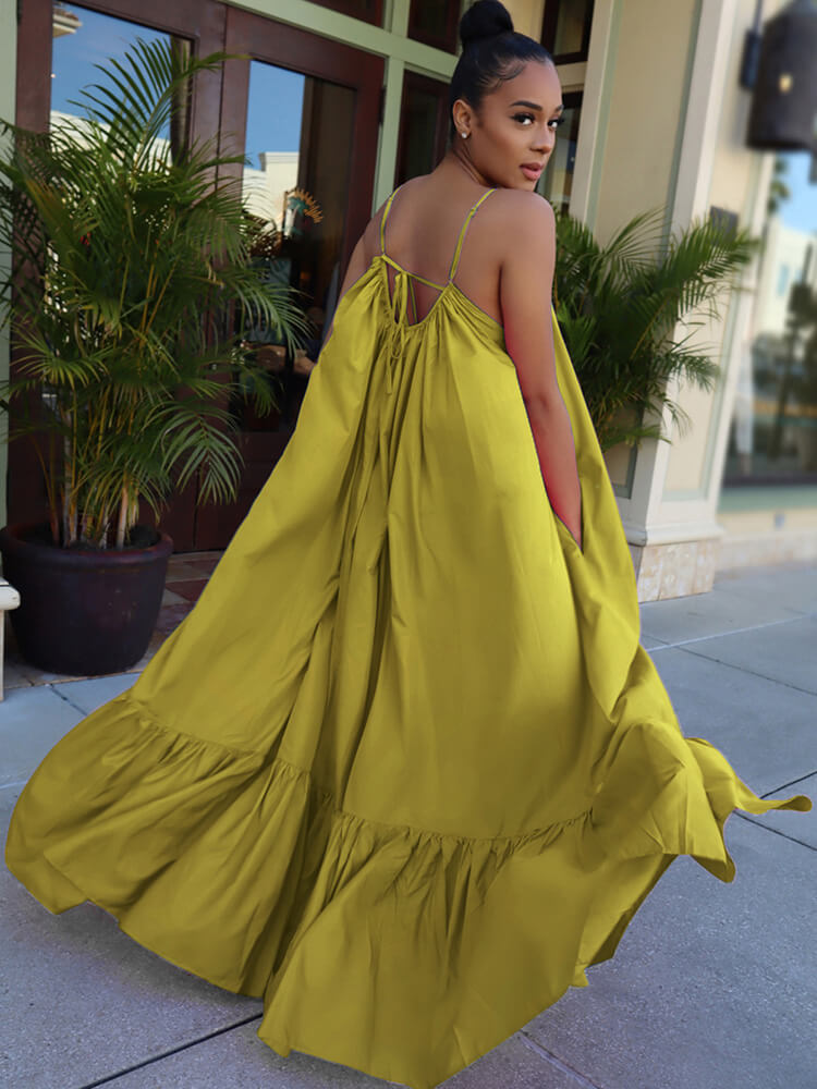 Plus Size Spaghetti Strap Ruffle Beach Maxi Swing Dress