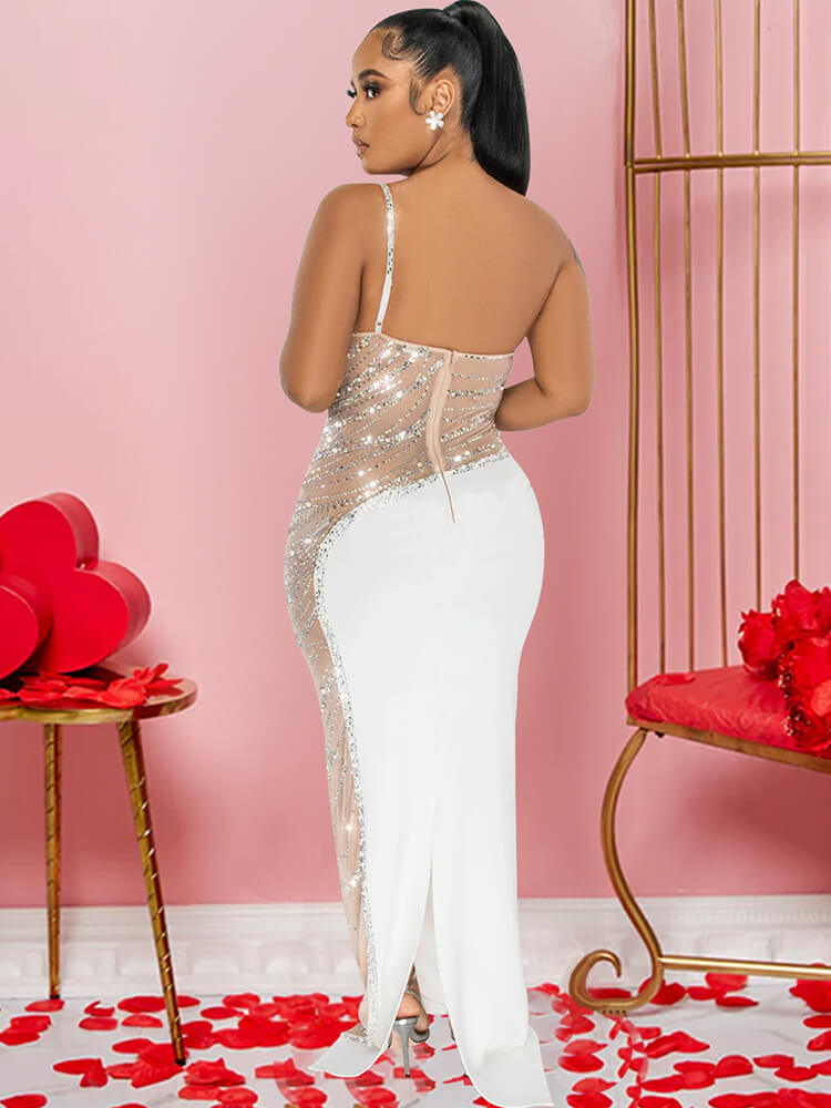 Sleevelesss Rhinestone Mesh Patchwork Maxi Dress