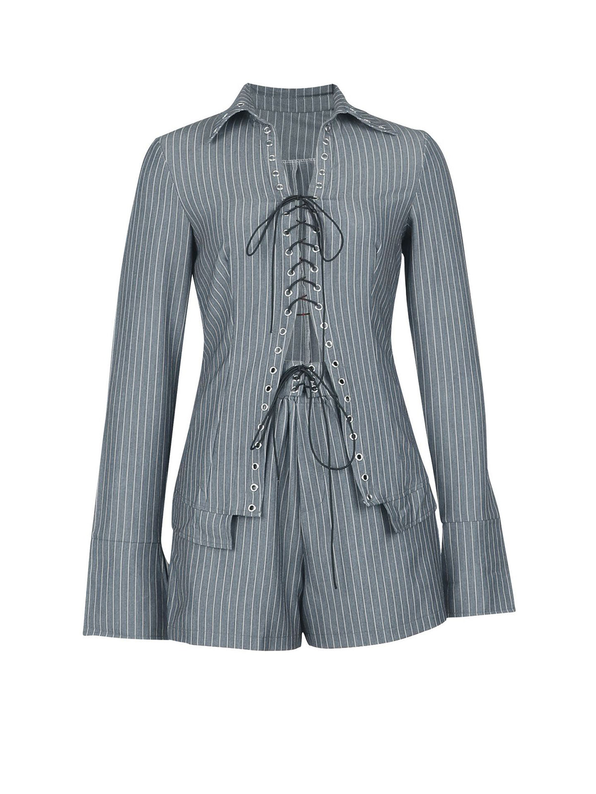 Striped Lace-Up Shirt Shorts Set