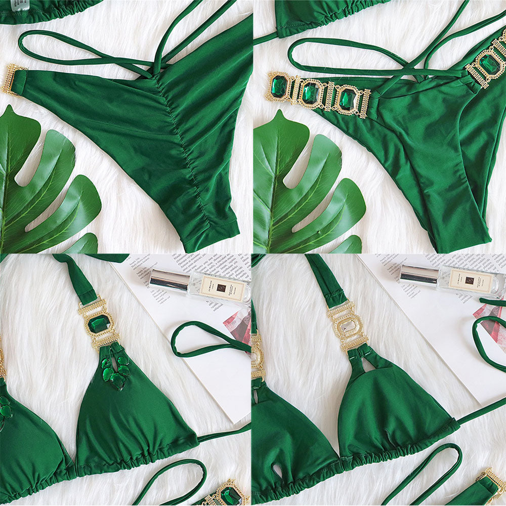 Two Piece Rhinestone Halter Bikini Swimsuit