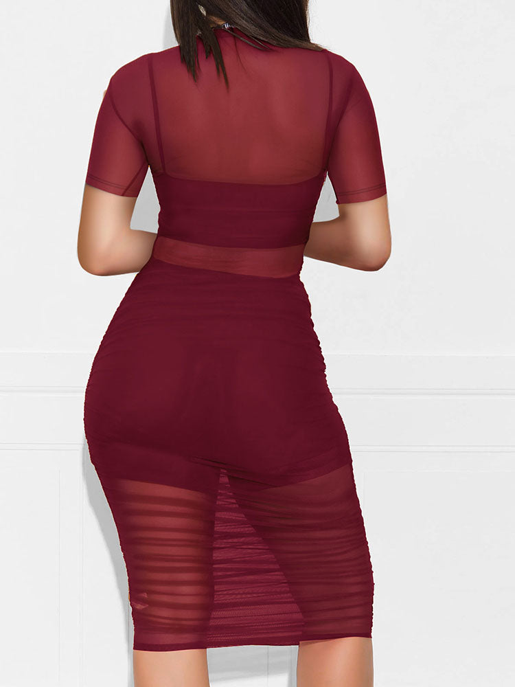 Three Piece Short Sleeve Mesh Ruched Midi Dress