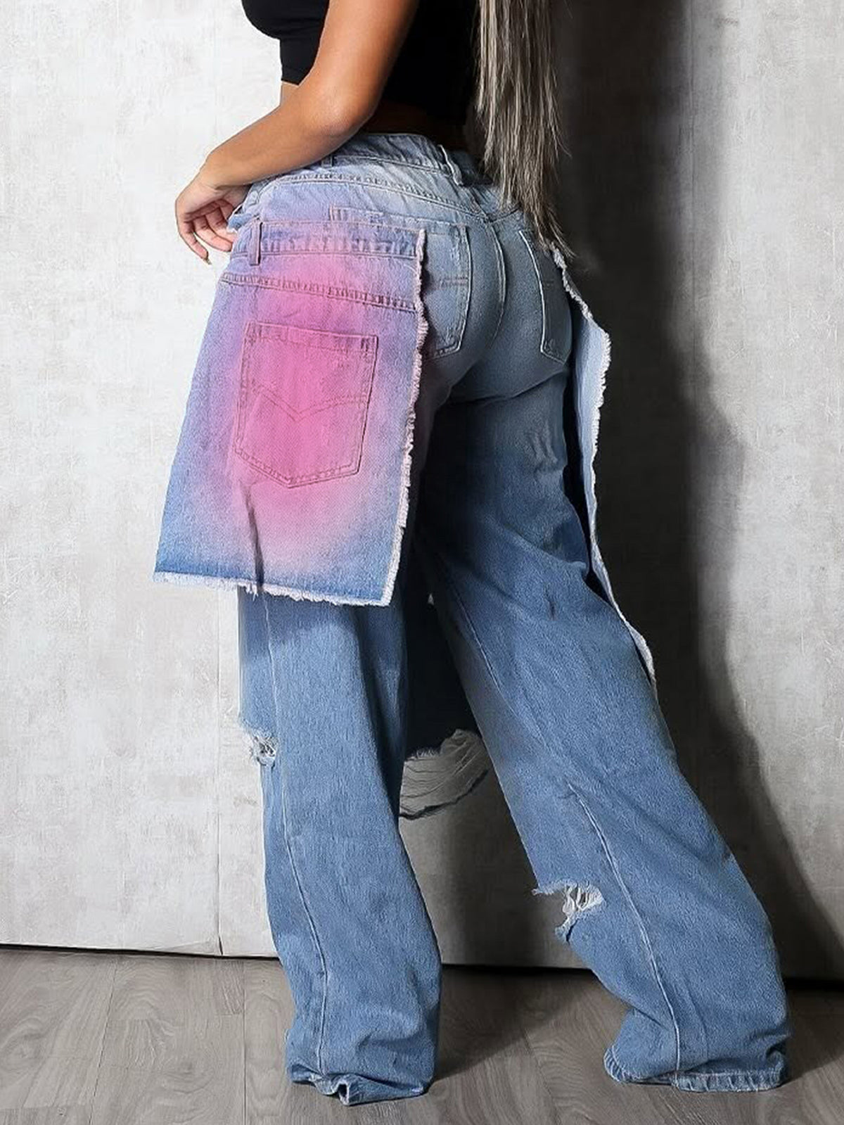 Distressed Gradient Patchwork Wide Leg Jeans
