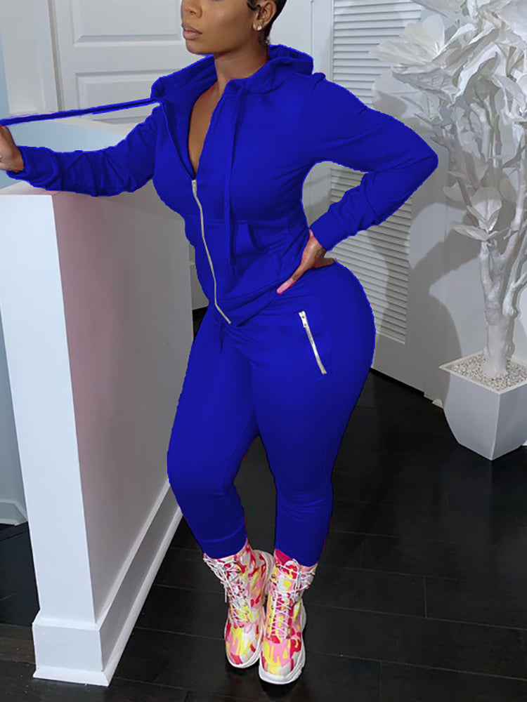 Two Piece Solid Color Hoodie Zip-Up Tracksuit