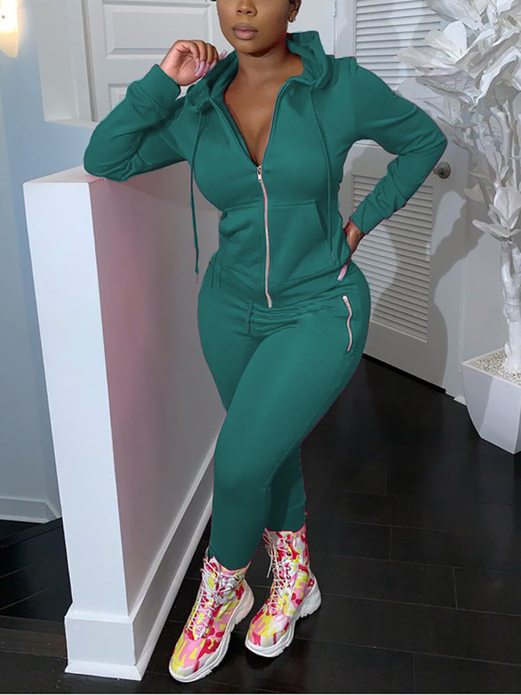 Two Piece Solid Color Hoodie Zip-Up Tracksuit