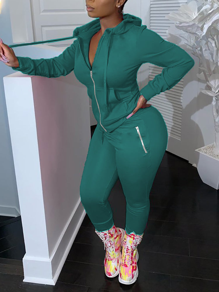 Two Piece Solid Color Hoodie Zip-Up Tracksuit