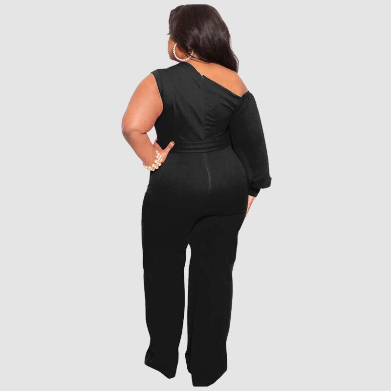 Plus Size Puff Sleeve Belted Wide Leg Pant Jumpsuit