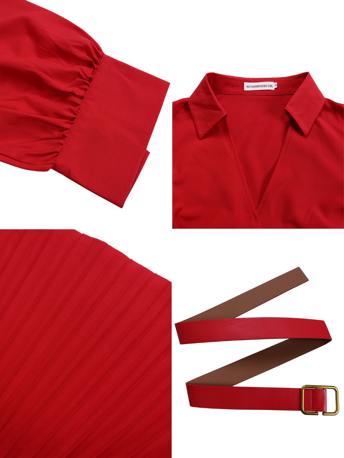 Solid Color V-Neck Pleated Dress with Belt