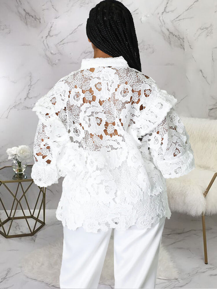 Lantern Sleeve Floral Hollow Out Top