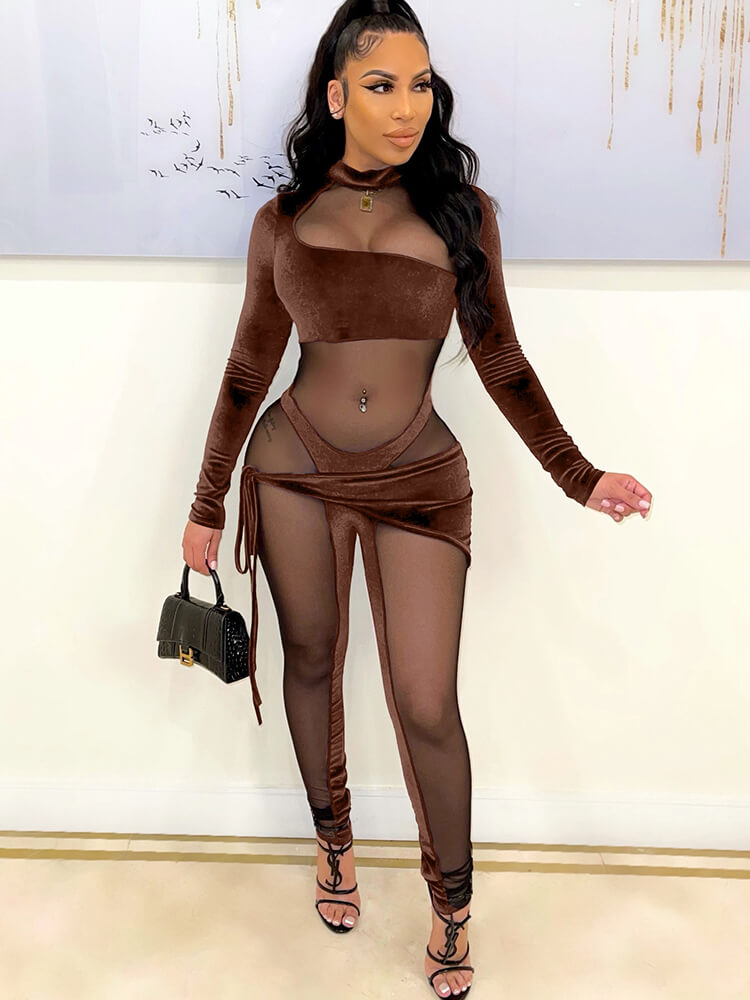 Long Sleeve Mesh Patchwork Jumpsuit