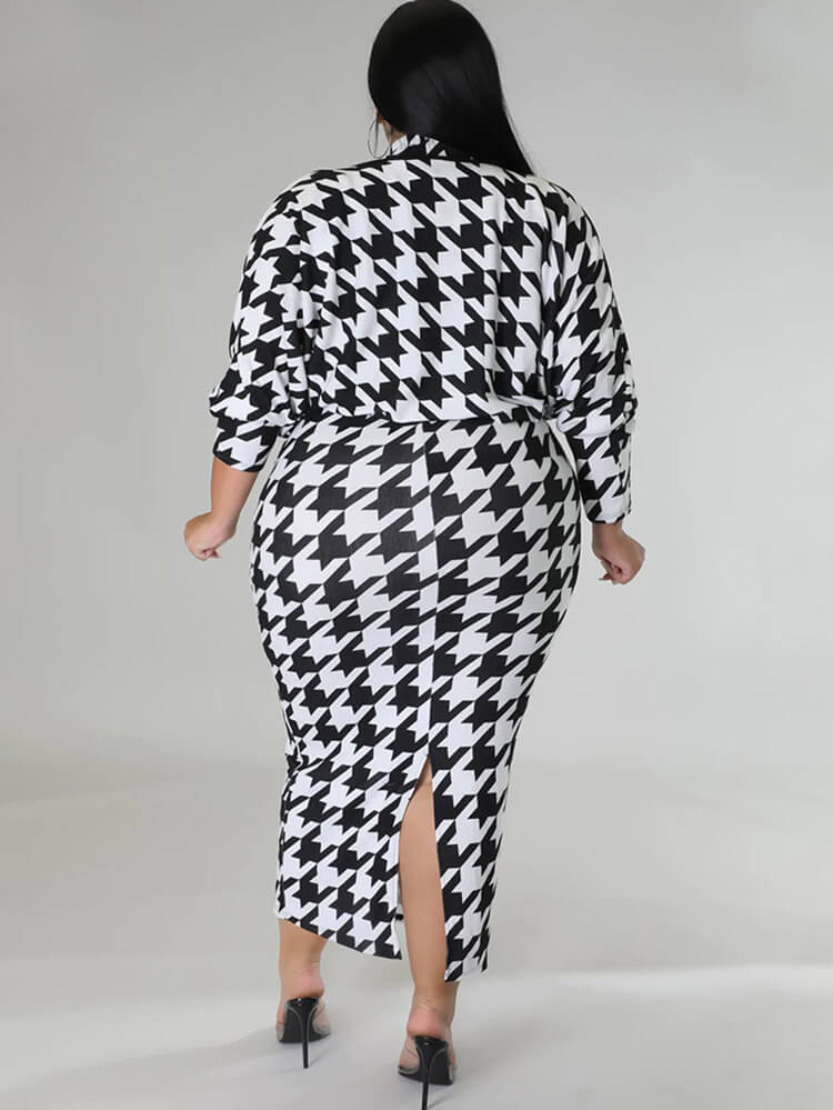 Two Piece Houndstooth Cardigan & Cut Out Midi Dress
