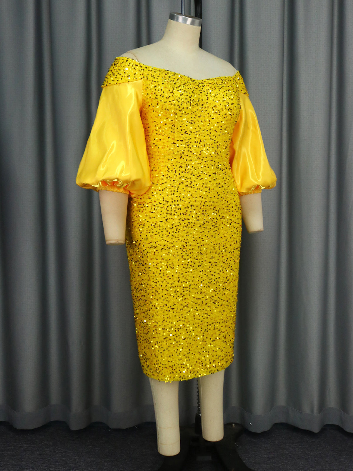 Off-Shoulder Puff Sleeves Sequin Midi Dress